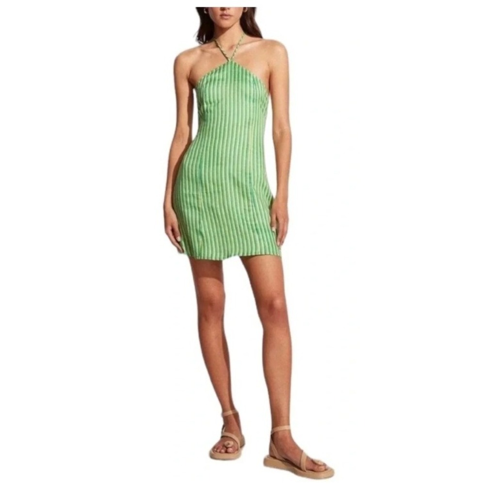 Faithfull The Brand Muthia Mini Dress Womens 8 Green Bau-Bau Stripe Tie Shoulder
